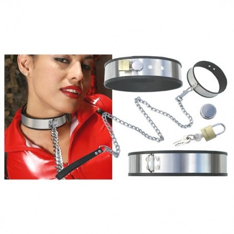Collier ajustable domination en acier inoxydable + chaîne + cadenas - SM