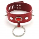 Lederhalsband mit rotem, ellipsenförmigem Stein, Spikes und Ring