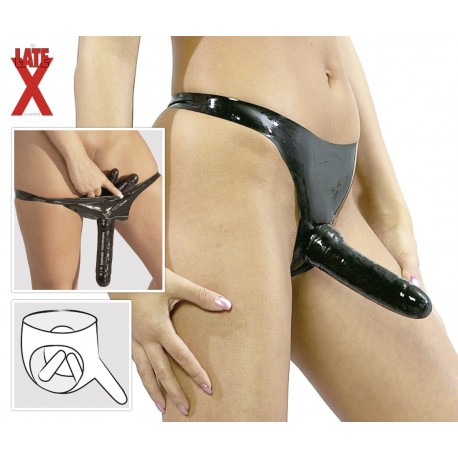 Latex-Slip mit Dreifach-Dildo, Dildogürtel