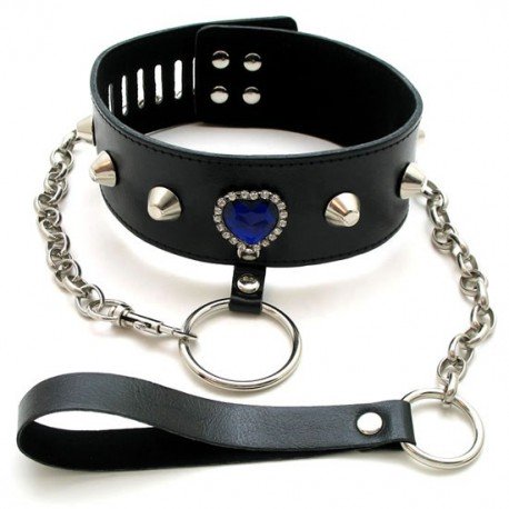 Collier BDSM Bondage en cuir : "Coeur Bleu" Verrouillable par cadenas + Laisse